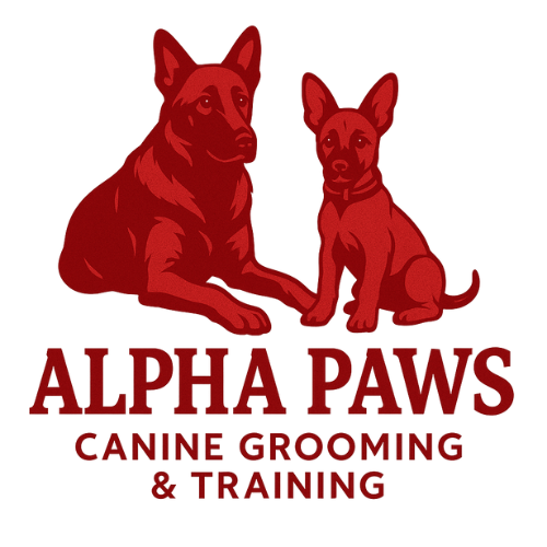 Two red dogs sitting for Alpha Paws Canine Grooming and Training logo